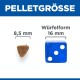 Bild von Katzenfutterpellets: ein 8,5 mm dreieckiges Pellet und ein 16 mm blaues Würfelpellet, beschriftet mit "PELLETGRÖSSE" und "Würfelform."