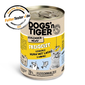 Konserviertes Katzenfutter mit der Aufschrift "HUNDE'n TIGER" in der Geschmacksrichtung "FREIGEIST" mit Huhn und Lachs, 70 % Fleischanteil und einem Qualitätssiegel.
