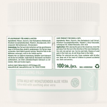 Augenreinigungspads für Hunde und Katzen, mit beruhigendem Aloe Vera. Enthält 100 Pads. Zutaten und Anwendungshinweise sind enthalten.