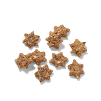 Eine Gruppe von sternförmigen Hundeleckerlis in brauner Farbe, verstreut auf einem weißen Hintergrund.