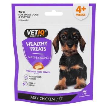 VetIQ Healthy Treats Serene Calming for small dogs and puppies, tasty chicken flavor, 4+ weeks, 4 calories per bite.