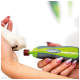 A close-up of a person's hand holding a pet nail grinder labeled "MOSER ANIMALLINE," gently approaching a dog's paw.