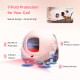 Rosa drehbare automatische Katzentoilette mit eingestellter Katze; Beschriftung: '7-Fold Protection' und 'Swivel design - No pinching!'