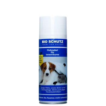 Blau-weiße Aerosoldose mit Aufschrift „BIO SCHUTZ“ – „Flohnebel für Innenräume“, mit Bild von Hund und Katze.