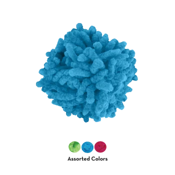 Blaues flauschiges Mikrofasern-Pompon-Haustierspielzeug mit drei Farbmusterfeldern darunter und dem Text „Verschiedene Farben“