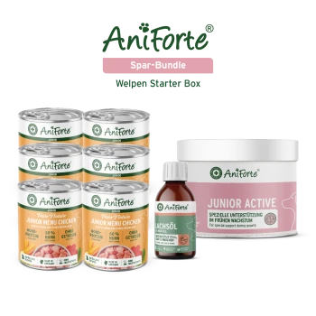 AniForte Spar-Bundle: sechs Junior Menu Chicken-Dosen, Lachsöl-Flasche und 'Junior Active'-Tiegel, beschriftet 'Welpen Starter Box'