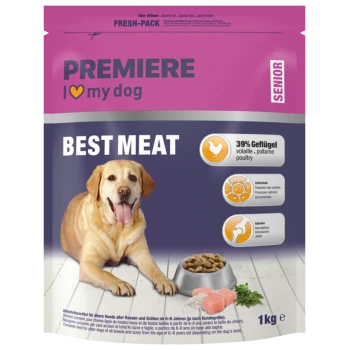 Hundefutterverpackung "Premiere I love my dog Senior" mit 39 % Geflügel, Zellschutz, Gelenkunterstützung, 1 kg.