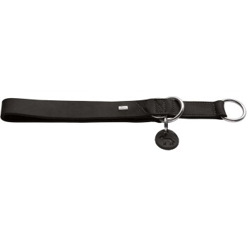 Schwarze Hundeleine mit silbernen Ringen und einem runden Anhänger mit einem Hundesilhouette, das ein schlankes und modernes Design zeigt.