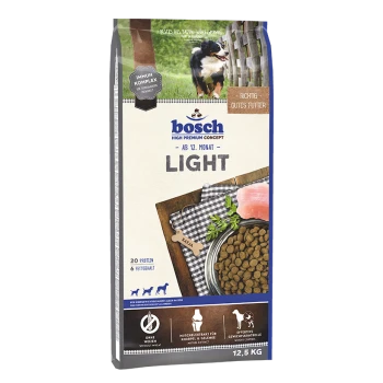 Bosch Hundefutterbeutel, 12,5 kg, mit einem schwarz-weißen Hund, mit Text, der "20 Protein" und "6 Fettgehalt" hervorhebt.