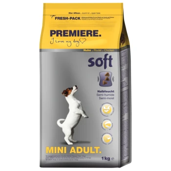 Soft Mini Adult Geflügel Geflügel 1 kg Hundefutterverpackung mit einem springenden Hund, beschriftet mit "Premiere. I love my dog," was auf eine halbfeuchte Mini-Erwachsenenformel, 1 kg, hinweist.
