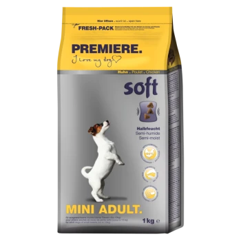 Hundefutterverpackung mit einem springenden Hund, beschriftet mit "Premiere. I love my dog," was auf eine halbfeuchte Mini-Erwachsenenformel, 1 kg, hinweist.