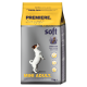 Hundefutterverpackung mit einem springenden Hund, beschriftet mit "Premiere. I love my dog," was auf eine halbfeuchte Mini-Erwachsenenformel, 1 kg, hinweist.
