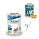 Zwei Yarrah Haustierfutterdosen auf einem hellblauen Hintergrund: links steht "Bio-Organic seit 1992, Paté mit Huhn & Hering," rechts steht "Bald erhältlich."