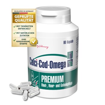 Behälter mit Calci-Cod-Omega Haustierergänzung mit 90 Kapseln, beschriftet für Haut-, Fell- und Gelenkpflege, mit veterinärmedizinischer Zertifizierung.