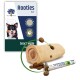Houten snackrol speelgoed voor honden, met brokjes en een buis van Dogus vulling, met 'Rooties Play' branding.