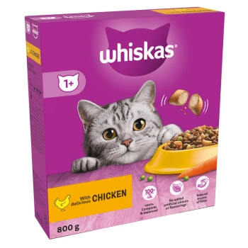 Whiskas cat food packaging featuring a gray cat with large eyes, highlighting "With delicious CHICKEN," 800g, 100% complete & balanced.