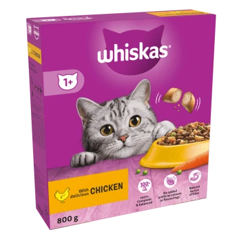 Whiskas cat food packaging featuring a gray cat with large eyes, highlighting "With delicious CHICKEN," 800g, 100% complete & balanced.