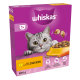 Whiskas cat food packaging featuring a gray cat with large eyes, highlighting "With delicious CHICKEN," 800g, 100% complete & balanced.