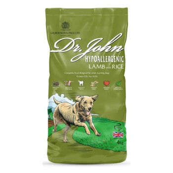 Grüne Tüte Dr. John hypoallergenes Lamm mit Reis Hundefutter, 15 kg. Enthält 21% Protein, 10,5% Fett und fördert eine gesunde Ernährung und ein gesundes Fell.