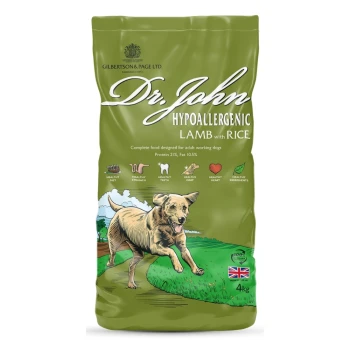 Grüne Tüte Dr. John hypoallergenes Lamm mit Reis Hundefutter, 15 kg. Enthält 21% Protein, 10,5% Fett und fördert eine gesunde Ernährung und ein gesundes Fell.