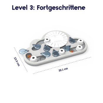 Interaktiver Haustier-Puzzle-Futterspender "Level 3: Fortgeschrittene," 39,1 cm x 23,9 cm, mit Fächern und blauen tropfenförmigen Teilen.