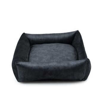 Ein plüschiges, dunkelgraues Haustierbett mit erhöhten Seiten und einer weichen, flachen Mitte, entworfen für Komfort und Unterstützung für Haustiere.