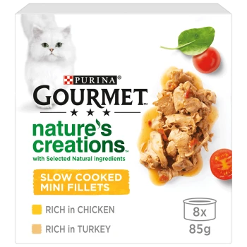 Purina Gourmet Nature's Creations cat food packaging featuring slow cooked mini fillets, rich in chicken and turkey, with a white cat image.