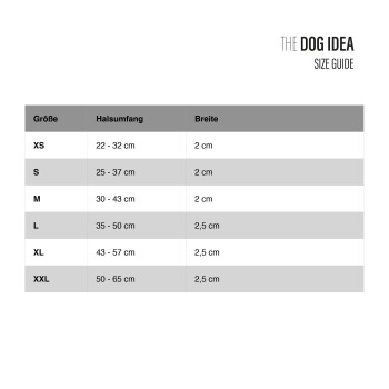 Größentabelle für Hundehalsbänder, die die Größen XS bis XXL mit Halsumfang und Breitenmessungen in Zentimetern detailliert.