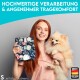 Eine Frau hält eine florale Tierwindel und einen flauschigen Pomeranian vor einem blauen Hintergrund. Text: "HOCHWERTIGE VERARBEITUNG & ANGENEHMER TRAGEKOMFORT."