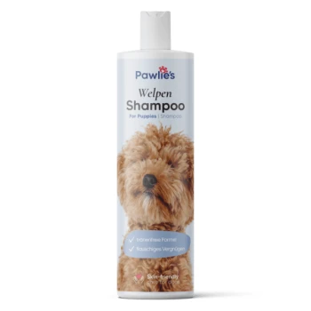 Pawlie's Welpen Shampoo für Welpen, mit einem flauschigen Hund auf dem Etikett, mit Text, der eine tränenfreie Formel und hautfreundliche Pflege hervorhebt.