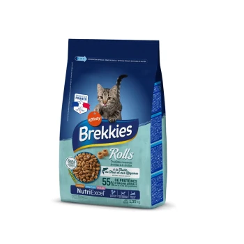 Emballage de nourriture pour chats de Brekkies Rolls, présentant un chat joueur à l'avant, mettant en avant 55 % de protéines animales et la formule NutriExcel.