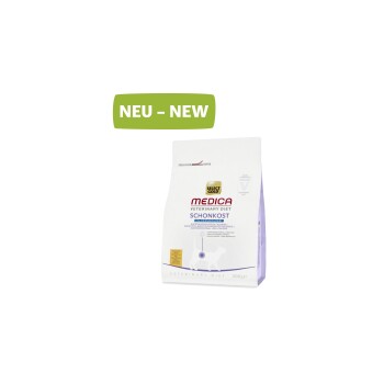 Biała torba karmy weterynaryjnej Select Gold Medica "Schonkost" dla psów, 300g, z zieloną etykietą "NEU - NEW" na górze.