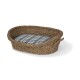 Woven pet bed with a gray plaid cushion, featuring rounded edges and side handles for easy transport.