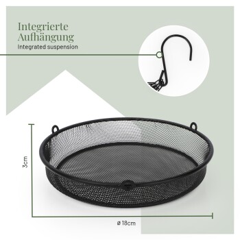 Schwarzer Metall-Hängkorb für Haustiere mit integrierter Aufhängung, mit einem Durchmesser von 18 cm und einer Höhe von 3 cm.