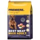 Hondenvoerzak gelabeld 'Premiere Best Meat Maxi Adult' met een bruine hond, met 43% kip, gewicht 12,5 kg.