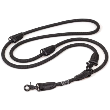 Schwarze Haustierleine aus strapazierfähigem Seil mit Lederakzenten und Clips, mit mehreren Befestigungspunkten für Vielseitigkeit.