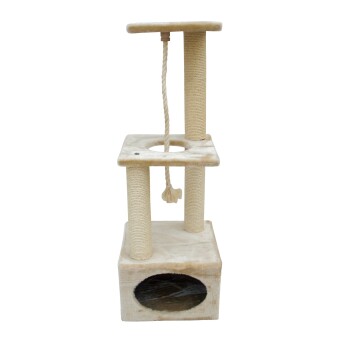 Katzenbaum mit zwei Ebenen, Kratzpfosten und einem hängenden Seilspielzeug, entworfen für das Spielen und Entspannen von Katzen.