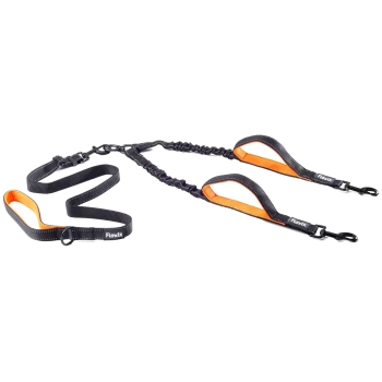 Schwarze und orange Bungee-Hundeleine mit zwei gepolsterten Griffen und Metallclips, beschriftet "Floxik."