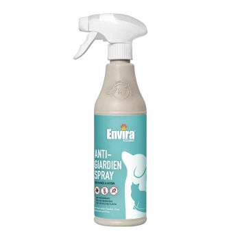 Flasche von Envira Anti-Giardien Spray für Hunde und Katzen, mit einem türkisfarbenen Etikett mit einer Katzensilhouette und veterinärmedizinischer Kennzeichnung.