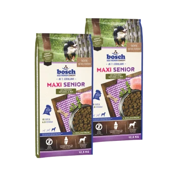 Zwei Taschen von Bosch Maxi Senior Hundefutter, jeweils 12,5 kg, mit frischem Huhn und Reis, mit Nährwertangaben und einem Hundebild.