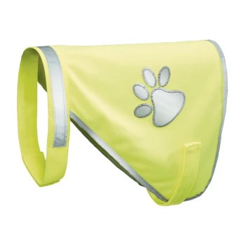 Helle gelbe reflektierende Haustierweste mit einem Pfotenabdruckdesign, mit verstellbaren Riemen für einen sicheren Sitz.