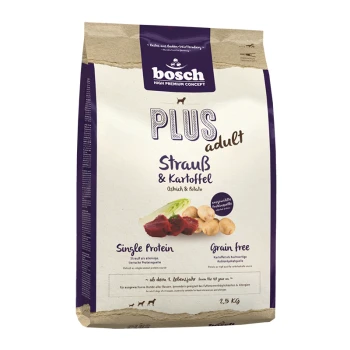 Bosch Plus Hundefutterbeutel für Erwachsene, mit Strauß und Kartoffeln, gekennzeichnet als getreidefrei und mit einer Proteinquelle, Größe 2,5 kg.