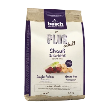 Bosch Plus Hundefutterbeutel für Erwachsene, mit Strauß und Kartoffeln, gekennzeichnet als getreidefrei und mit einer Proteinquelle, Größe 2,5 kg.