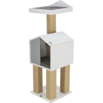 Moderner Katzenbaum mit einem gemütlichen geschlossenen Haus, Kratzpfosten und einer oberen Sitzfläche, alles in weißen und natürlichen Tönen.