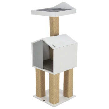 Moderner Katzenbaum mit einem gemütlichen geschlossenen Haus, Kratzpfosten und einer oberen Sitzfläche, alles in weißen und natürlichen Tönen.