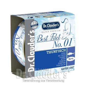 Dr. Clauder's Best Filet No. 01 Katzenfutterdose, die Thunfisch enthält, getreidefrei, mit 75,7% Thunfischgehalt, in einem blau-weißen Design.