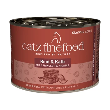 Catz Finefood Classic Adult Katzenfutterdose, Rind & Kalb mit Aprikosen & Ananas, hergestellt in Deutschland seit 2010.
