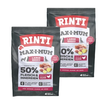 Zwei Säcke Rinti Max-I-Mum Hundefutter für große Rassen, mit 50 % Fleisch und Innereien, mit einem Fokus auf frischem Huhn. Jeder Sack wiegt 4 kg.
