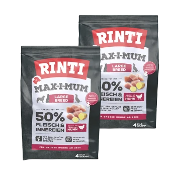 Deux sacs de nourriture pour chiens Rinti Max-I-Mum pour grandes races, contenant 50 % de viande et d'abats, avec un accent sur le poulet frais. Chaque sac pèse 4 kg.