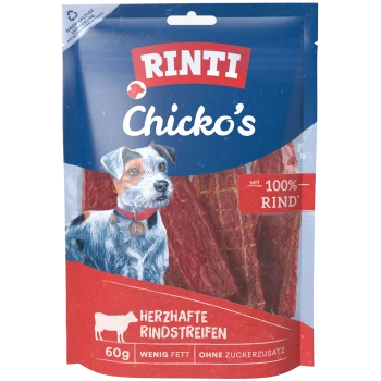 Sachet de friandises pour chiens RINTI Chicko's avec illustration de chien et lamelles de bœuf ; texte visible : «100% RIND», «Herzhafte Rindstreifen», «60g»